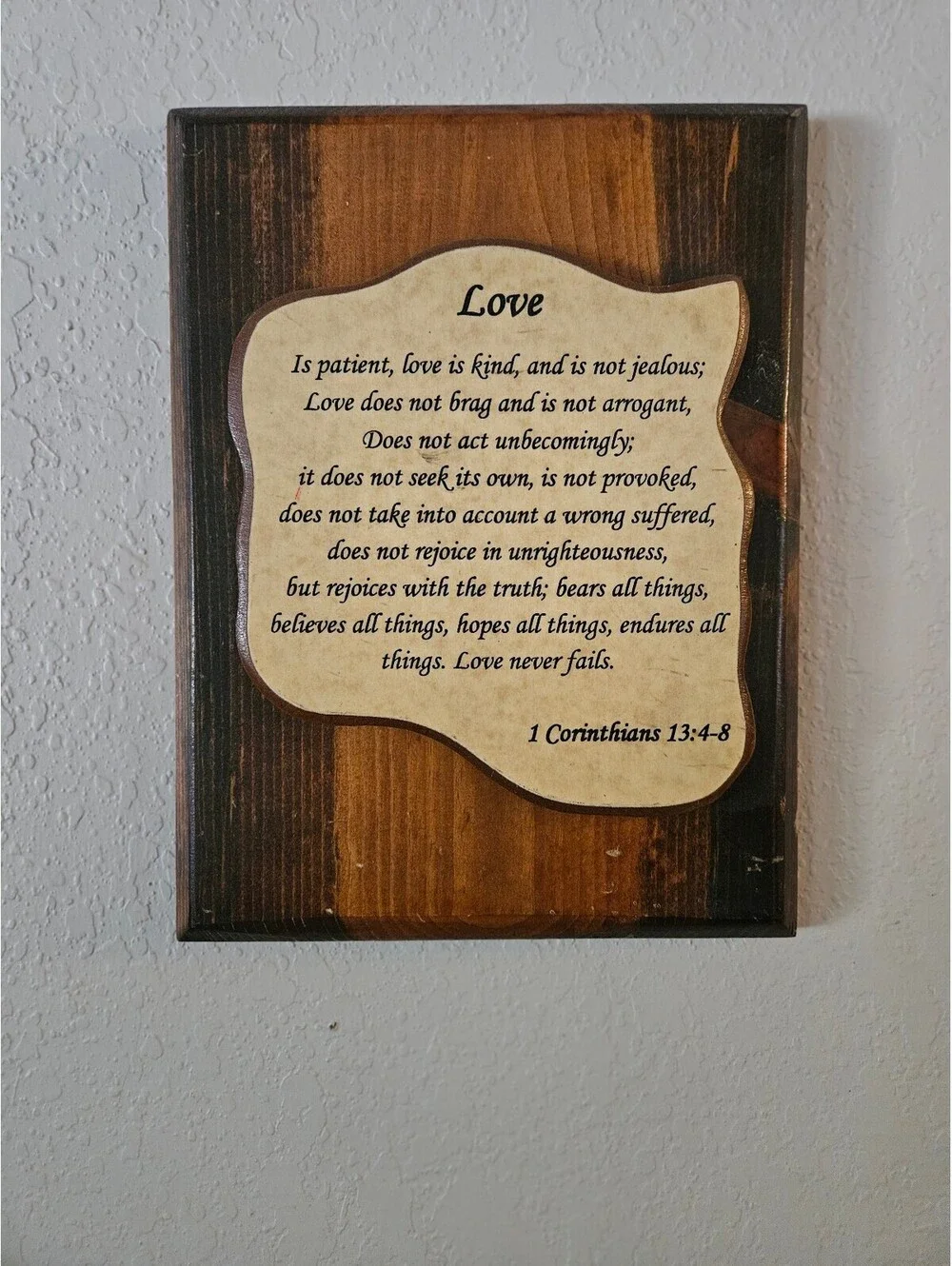 Rustic Wooden Wall Plaque with 1 Corinthians 13:4-8 Love Bible Verse